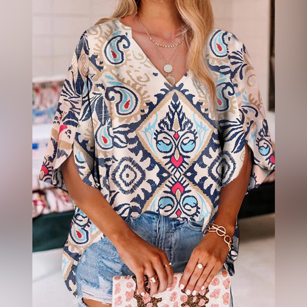 White Abstract Printed Notched Vneck Split Half Sleeve Blouse